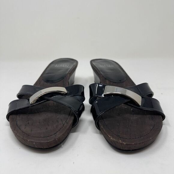 Stuart Weitzman Women's Cork Slip On Sandals Open Toe Black Patent Strap Sz 8.5 - Picture 3 of 9